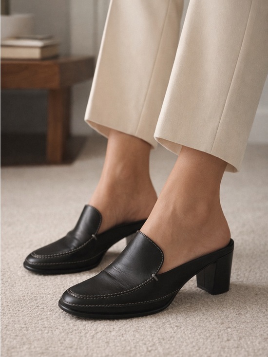 Franco Sarto Shoes - Franco Sarto Black Leather Mule Heels Loafer Slip On 5.5 Preppy Quiet Luxury